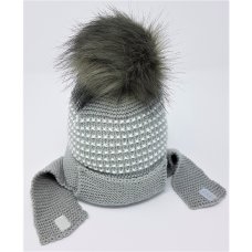 KIDS6218GREY: Baby Knitted Fur Pom Hat With Chin Strap- Grey (0-6 Months)